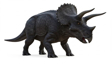 Fototapeta premium Dunkler Triceratops steht imposant vor hellem Hintergrund. AI Generated