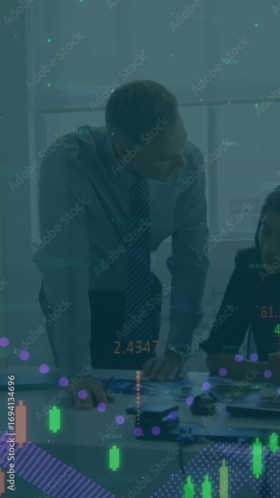 Poster diverse business team discusses global finance with animated data processing.