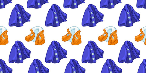 Cartoon coat jacket seamless pattern design. Cartoon coats and jackets seamless pattern in flat style with blue and orange colors on white background.