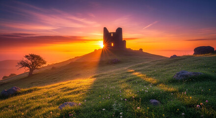 Obraz premium Dramatic sunset over ancient castle ruins on hill, golden hour landscape scenic view