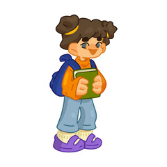 Cartoon school girl student character illustration. Cartoon school girl student character in flat style with backpack and book on white background.