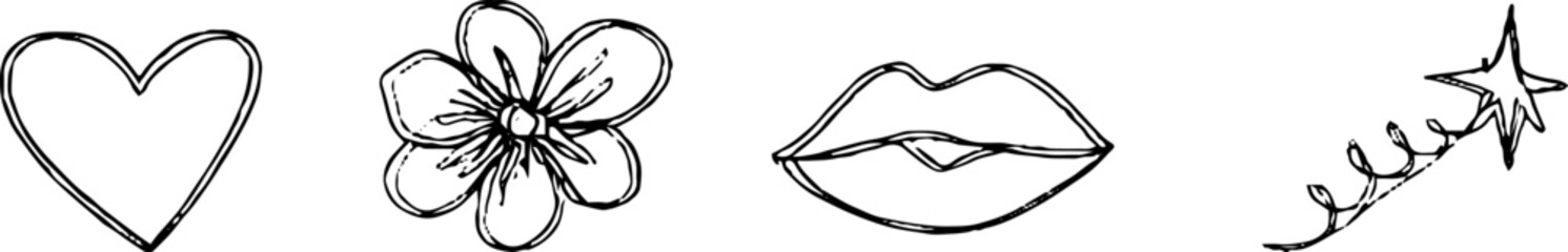 Obraz premium Minimalist line art feminine icons set with heart, flower, lips, and star elements for design