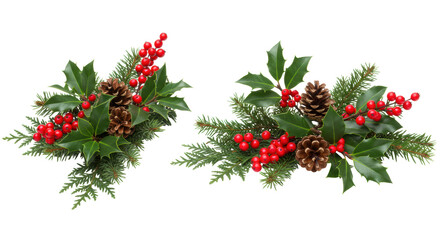 Two harmonized arrangements of glossy green holly leaves, vibrant red berries, and pinecones on evergreen branches, transparent studio background, elegant seasonal decoration concept