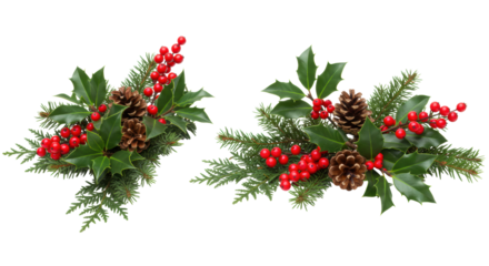 Two harmonized arrangements of glossy green holly leaves, vibrant red berries, and pinecones on evergreen branches, transparent studio background, elegant seasonal decoration concept