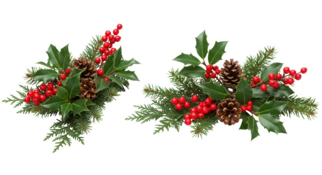 Two harmonized arrangements of glossy green holly leaves, vibrant red berries, and pinecones on evergreen branches, transparent studio background, elegant seasonal decoration concept