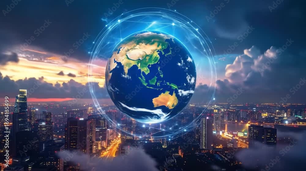 Aufkleber global networking: modern cityscape with connected world sphere at twilight