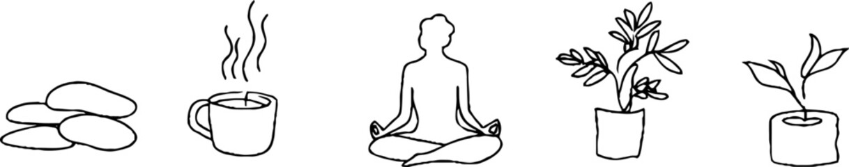 Obraz premium Minimalist line art set featuring meditation posture, tea, and plant elements for tranquil design