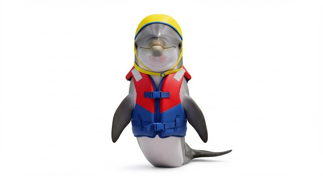 Suesser Delfin tr�gt Rettungsweste strahlend weisses Licht Hintergrund. AI Generated