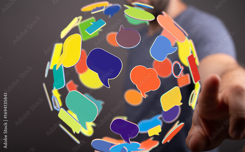Poster abstract image of colorful speech bubbles forming a global network, representing communication and c