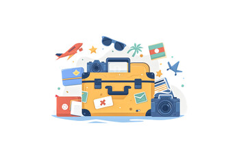 Fototapeta premium Travel suitcase with stickers, passport, sunglasses, camera sola