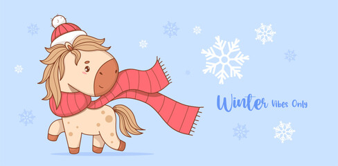 Cute Winter Little Horse with Snowflakes. New Year kawaii animal. Symbol 2026 year to Eastern calendar. Horizontal Seasonal Poster with Slogan. Vector illustration. Not AI