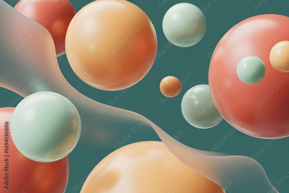 Fototapete abstract spheres: a collection of vibrant spheres in various sizes and hues float against a soft bac