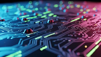 Close-up view of a computer circuit board with colorful lighting effects