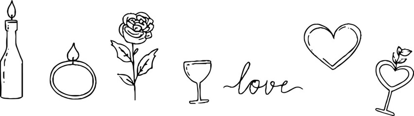 Minimalist line art set of love symbols with candle and heart elements for romantic decoration