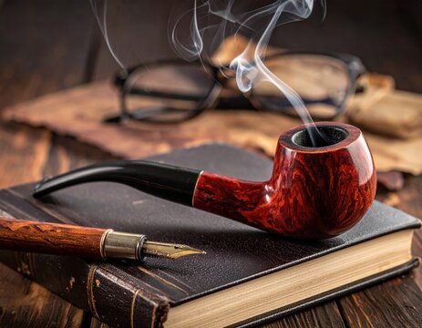 Vintage pipe and pen on book with glasses