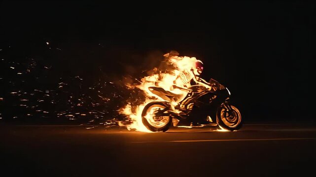 Motorcycle speeding through night with flaming skeleton rider creating dramatic fiery trail