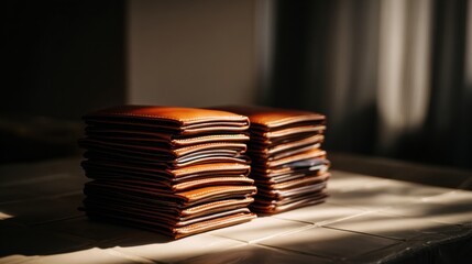 Stack of Polished Brown Wallets Resting on a Table Under Soft Sunlight in a Serene Indoor Setting