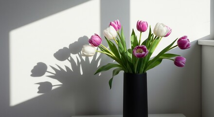 Fototapeta premium Sonnenlicht tanzt auf Tulpenstrauss elegantes SchwarzWeiss Foto. AI Generated