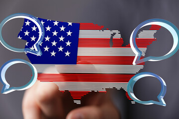 Digital image of a US map with chat bubbles, symbolizing American communication and online...