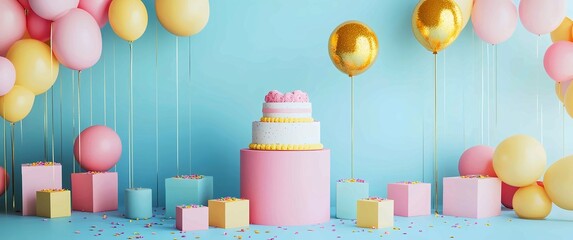 Pastel Birthday Celebration Featuring Three Tier Cake and Balloons