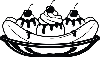 Illustration of a banana split, a classic dessert with ice cream, banana, chocolate syrup, whipped cream, and cherry