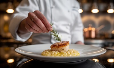 Chef hand garnishing seared scallop with rosemary and risotto in a professional kitchen