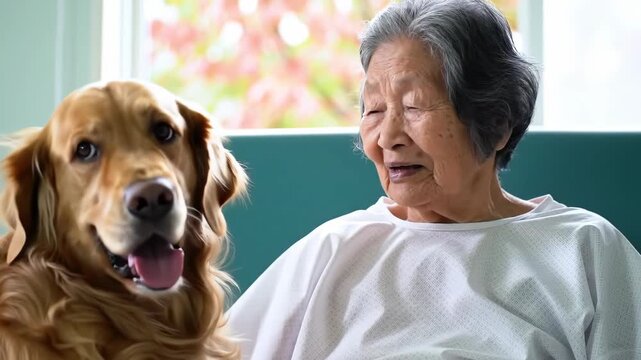 Elderly woman and golden retriever in a peaceful moment
