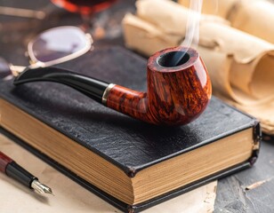 Smoking pipe resting on book