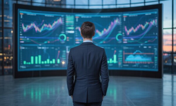 Businessman in suit analyzing financial data on large digital screen with charts and graphs