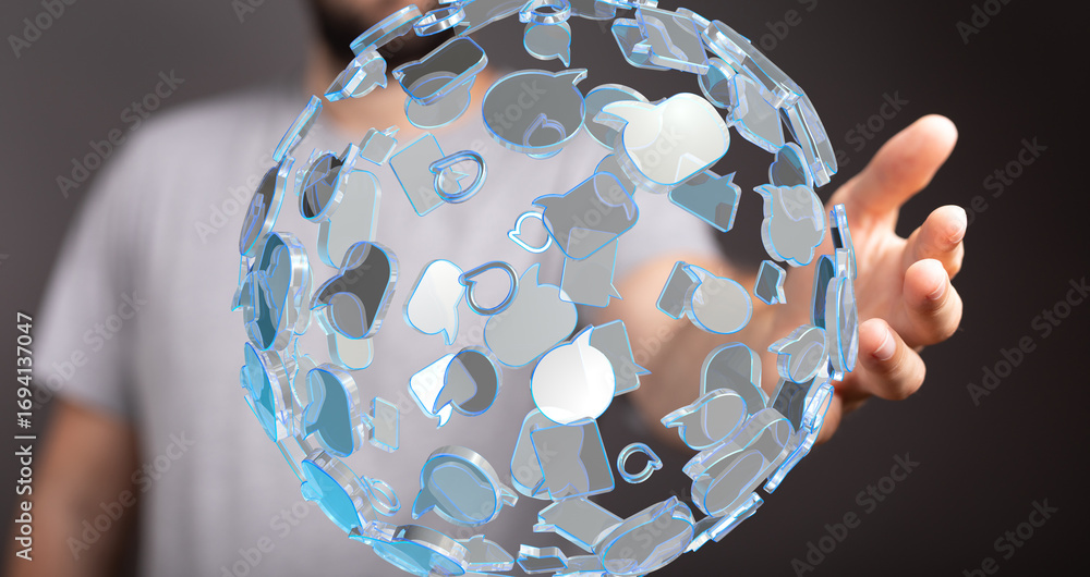 Aufkleber abstract image of a hand holding a sphere of digital speech bubbles, representing global communicati