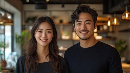 Happy young couple posing in a modern cafe