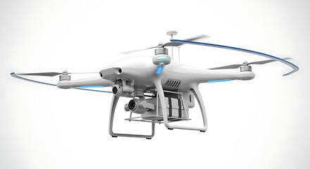 A white drone with a camera and propellers is shown against a white background in a studio shot