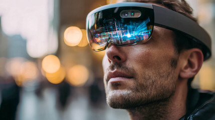 Close-up of a man wearing futuristic AR glasses with digital city data reflections