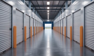 Long empty corridor in modern self storage facility with rows of metal roll up doors