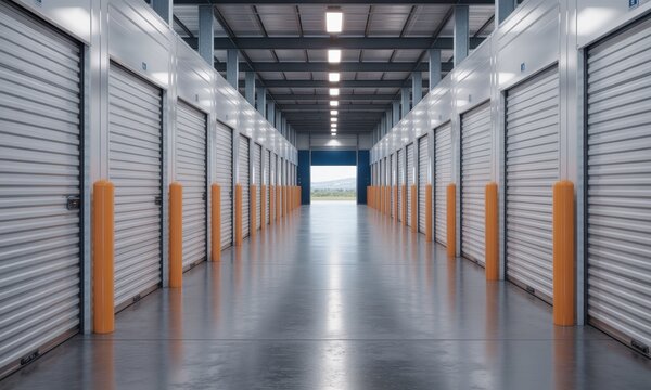 Long empty corridor in modern self storage facility with rows of metal roll up doors