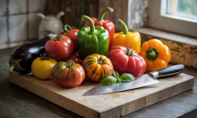 Fresh organic vegetables and bell peppers on a wooden cutting board with a kitchen knife