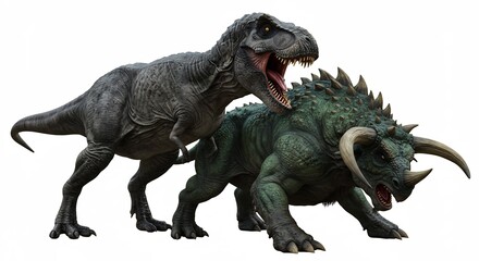 Fototapeta premium T-Rex greift an Triceratops starkes Licht dramatisch 3D Render. AI Generated