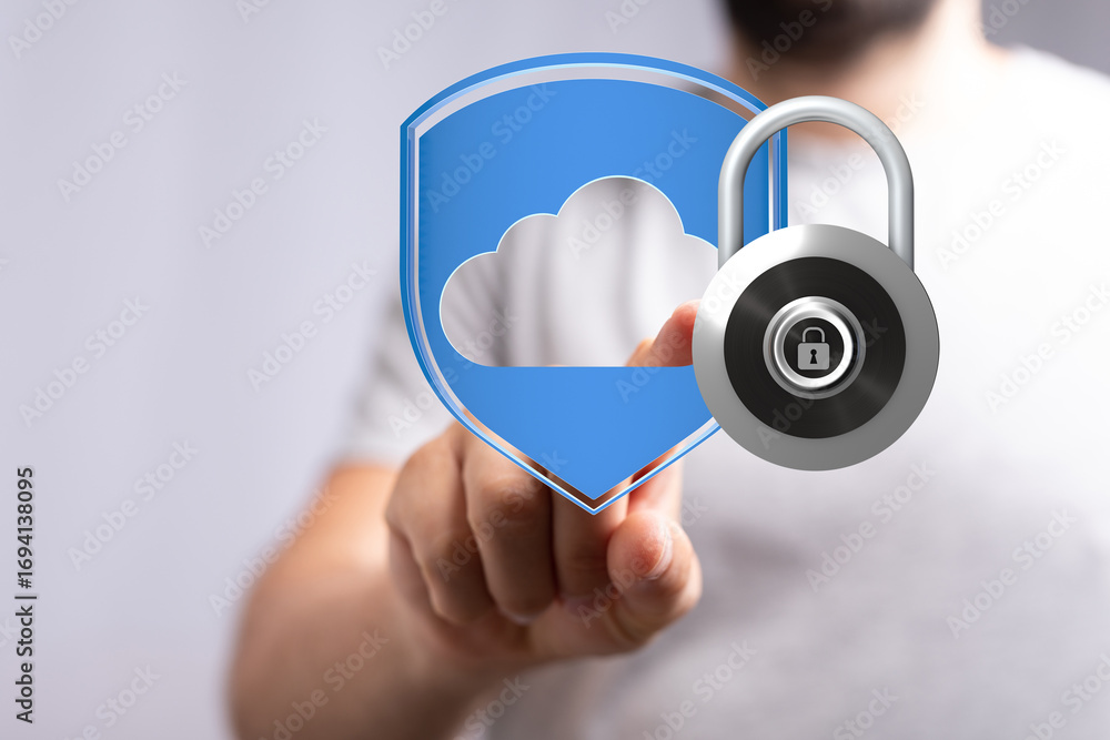 Poster image of a hand interacting with a digital shield and padlock, symbolizing secure cloud data protect