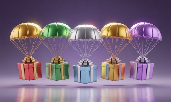 Colorful gift boxes with parachutes floating for holidays and celebrations