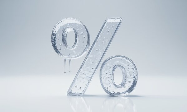 Translucent percentage symbol with melting ice texture and water drops on a clean white background