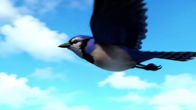 Blue jay in flight against a cloudy sky