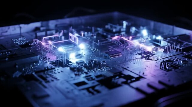 Intricate circuit board illuminated with vibrant blue and purple light, showcasing the complex inner workings of technology.