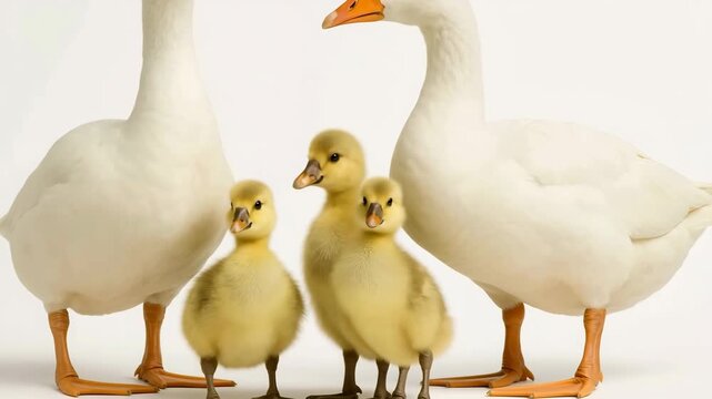 Family of geese posing on white background