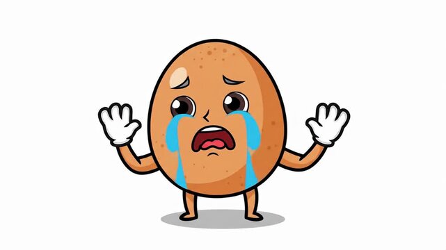 A cartoon egg is crying with arms outstretched, hands in white gloves, on a white background