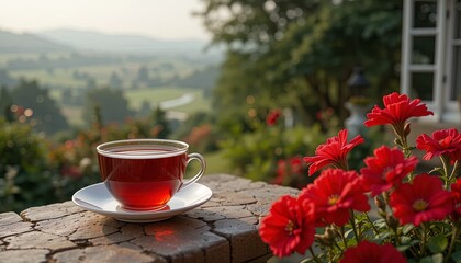 Enjoy a refreshing cup of tea by a peaceful landscape view for a relaxing morning getaway