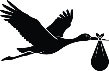 Silhouette of a stork carrying a baby in a bundle, symbolizes birth, new beginnings, and arrival of a child