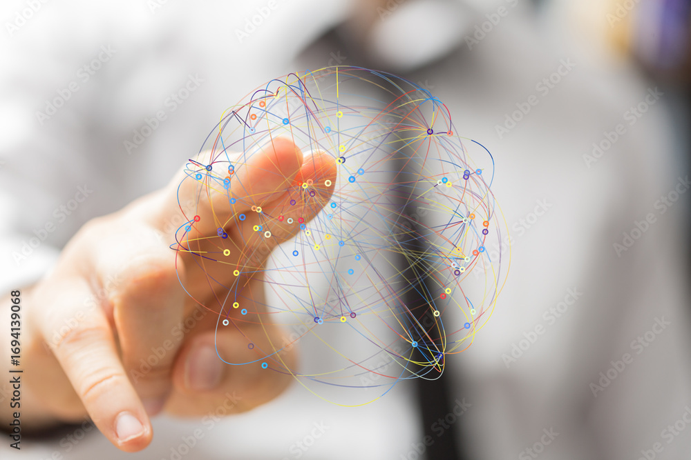 Poster Abstract image of a hand interacting with a digital network. Represents connection, technology, and global communication.