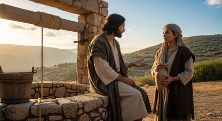 Conversation between Jesus Christ and the Samaritan woman at the well. Photo of the gospel event, biblical times. For Christian publications