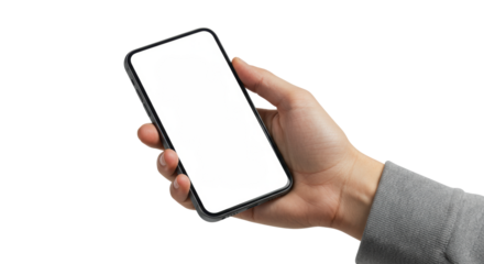 Modern hand, neutral skin, holding sleek dark grey smartphone with pristine blank white screen, close-up on minimalist white background, bright studio lighting, concept of mobile technology and
