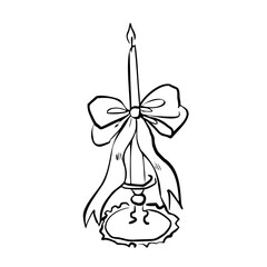 Vintage candle with ribbon bow in ornate candlestick. Vector whimsical quickly sketch line art illustration for book romance projects, wedding stationery, romantic posters, literature aesthetics.